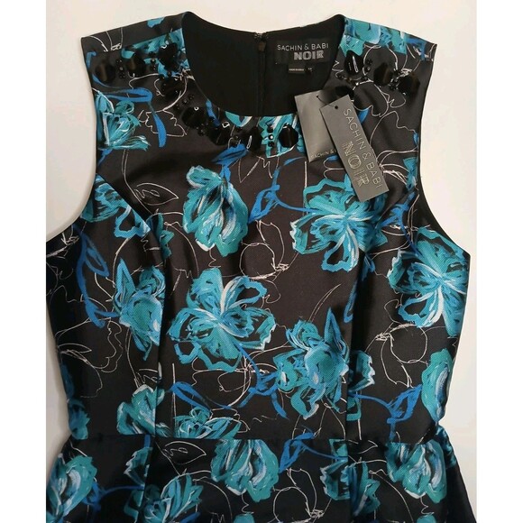 Sachin & Babi NOIR Sz 10 Sheila Floral Beaded Cocktail Dress Black Blue & Topaz - Picture 8 of 16